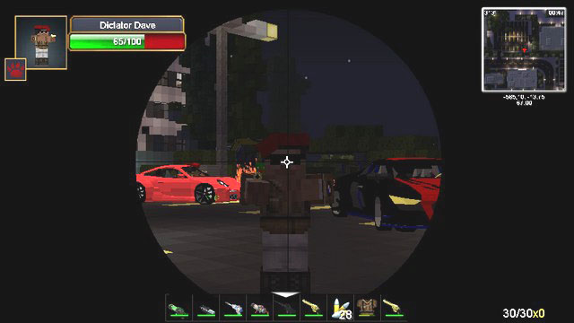 Minecraft with mods (Zombie assembly) for weapons and cars